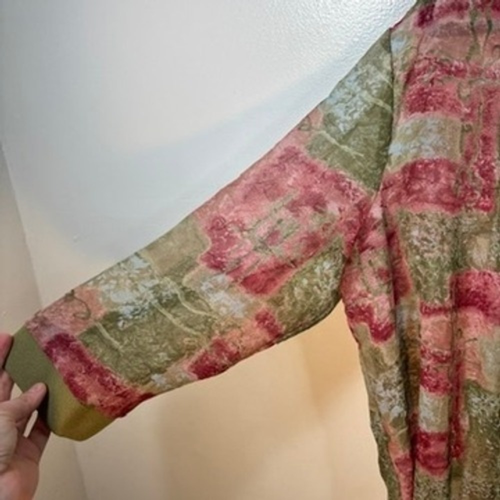 Miss Derby‎ Open Front Cardigan Women Sz L Pink Green Abstract Sheer Layering - Picture 3 of 8